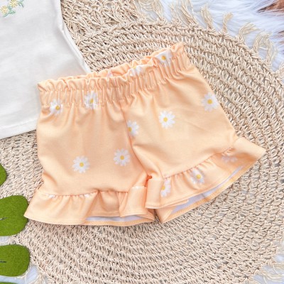 Conj. Blusa Coelhinho Bordada e Short Margaridas - Laranja e Areia